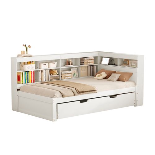 Lit Gigogne 90x200 Cm Avec Lit Tiroir Et USB Intégré, Lit Bois Pratique Avec Rangement, Blanc