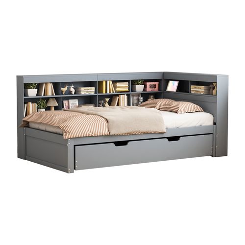 Lit Gigogne 90x200 Cm Avec Tiroir Intégré Et Rangement, Lit Bois Pratique Avec USB, Gris