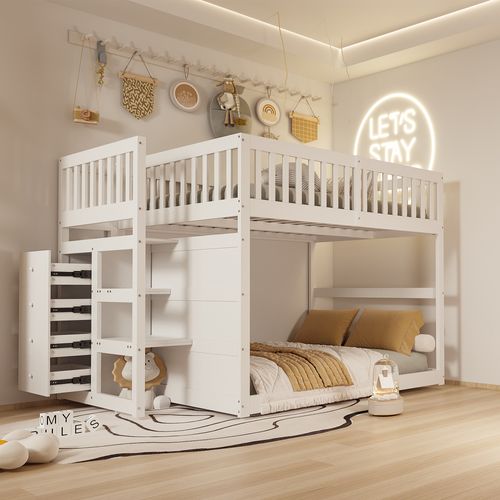 Lit Superposé Enfant 140x200 Cm - Avec Protection - Compartiments Rangement - Bois - Blanc