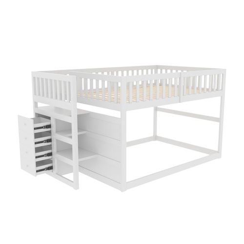 Lit Superposé Enfant 140x200 Cm - Avec Protection - Compartiments Rangement - Bois - Blanc