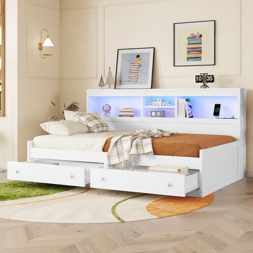 Lit Banquette 90x200 - Lit Enfant Multifonction - Ports USB Et Lumière LED Intégrée - Mdf - Blanc