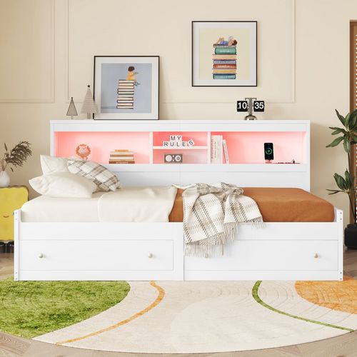 Lit Banquette 90x200 - Lit Enfant Multifonction - Ports USB Et Lumière LED Intégrée - Mdf - Blanc