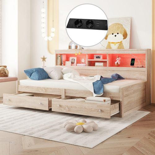 Lit Banquette 90x200 Cm - Multifonction Avec Ports USB Et Lumière LED - Mdf - Naturel