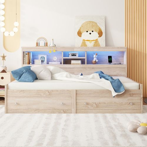 Lit Banquette 90x200 Cm - Multifonction Avec Ports USB Et Lumière LED - Mdf - Naturel