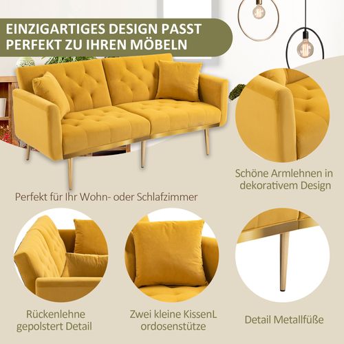 Canapé-lit 2 Places - Convertible, Dossier Réglable Avec Coussins, Pieds Métal, Velours Jaune