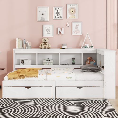 Lit Banquette 90x200 - Lit Simple Avec 2 Tiroirs - Rangement Pratique - Port USB Et Sommier - Blanc