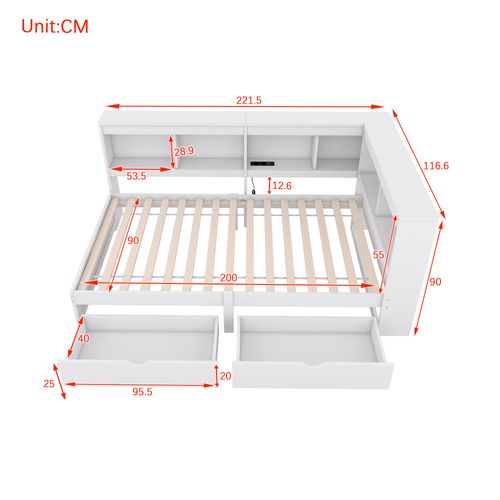 Lit Banquette 90x200 - Lit Simple Avec 2 Tiroirs - Rangement Pratique - Port USB Et Sommier - Blanc