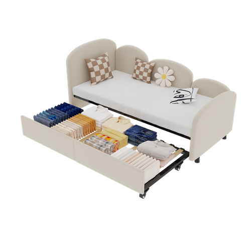 Banquette-lit 90x200 - Lit Tiroir 90x190 Convertible Moderne - Revêtement En Velours Beige