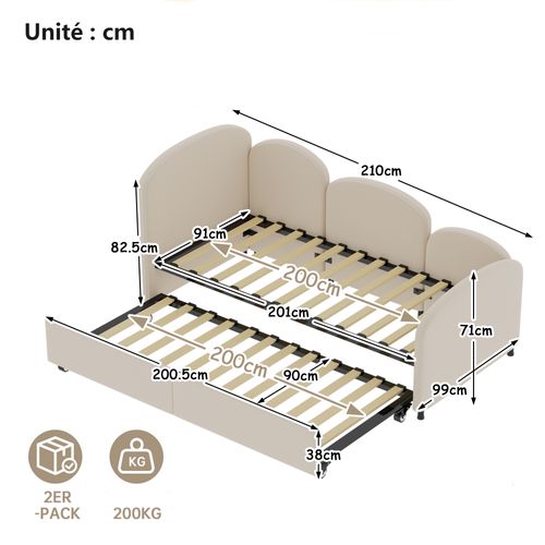 Banquette-lit 90x200 - Lit Tiroir 90x190 Convertible Moderne - Revêtement En Velours Beige