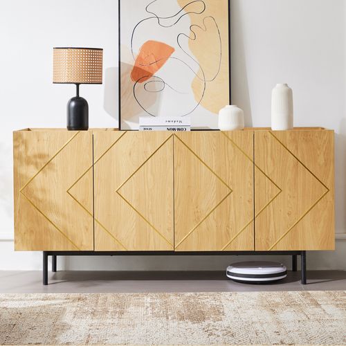 Buffet De Rangement - 4 Portes - Incrustations Métalliques - Design Contemporain - Bois - Naturel