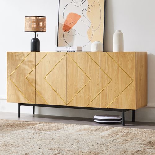 Buffet De Rangement - 4 Portes - Incrustations Métalliques - Design Contemporain - Bois - Naturel
