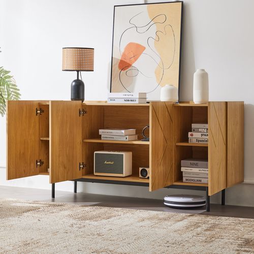 Buffet De Rangement - 4 Portes - Incrustations Métalliques - Design Contemporain - Bois - Naturel