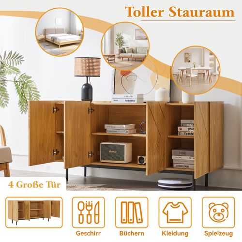 Buffet De Rangement - 4 Portes - Incrustations Métalliques - Design Contemporain - Bois - Naturel