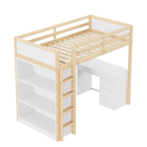 Lit Mezzanine 90x200 Cm - Avec Bureau Et 2 Compartiments - Enfant Combiné Bois Naturel Blanc