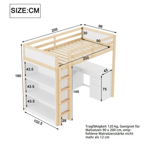 Lit Mezzanine 90x200 Cm - Avec Bureau Et 2 Compartiments - Enfant Combiné Bois Naturel Blanc
