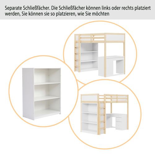 Lit Mezzanine 90x200 Cm - Avec Bureau Et 2 Compartiments - Enfant Combiné Bois Naturel Blanc