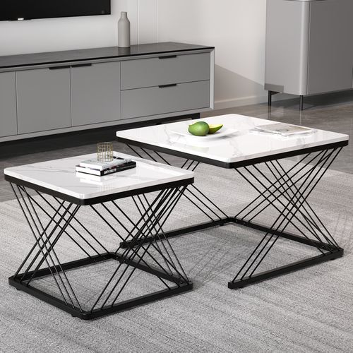 Tables Basses Gigognes - 2 Tables Carrées Avec Pieds Ajustables - Effet Marbre - Mdf - Blanc Et Noir