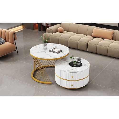 Tables Basses Gigognes - 2 Tables Carrées Avec Tiroirs Et Plateau Effet Marbre - Mdf - Blanc Et Doré