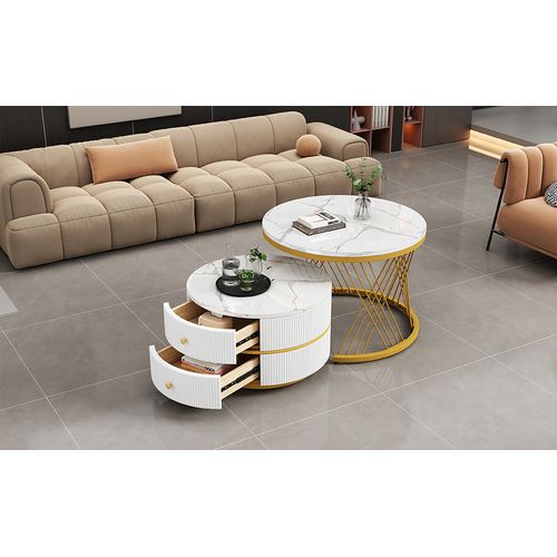 Tables Basses Gigognes - 2 Tables Carrées Avec Tiroirs Et Plateau Effet Marbre - Mdf - Blanc Et Doré