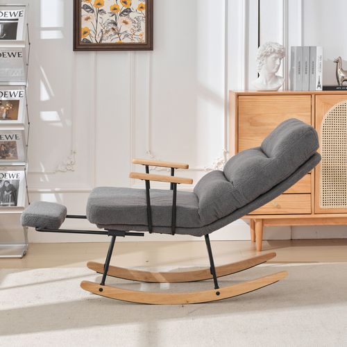 Fauteuil à Bascule Relax -Chaise Inclinable -Repose-pieds -Teddy Fleece - Pieds Antidérapants - Gris