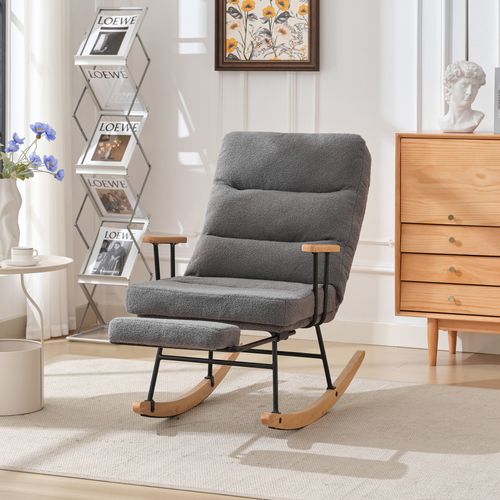 Fauteuil à Bascule Relax -Chaise Inclinable -Repose-pieds -Teddy Fleece - Pieds Antidérapants - Gris