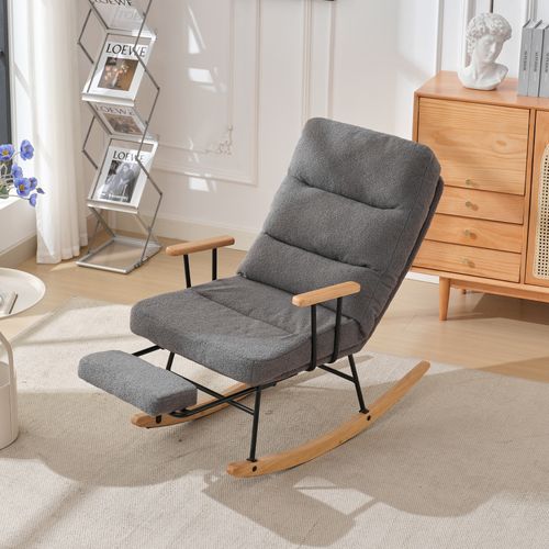 Fauteuil à Bascule Relax -Chaise Inclinable -Repose-pieds -Teddy Fleece - Pieds Antidérapants - Gris