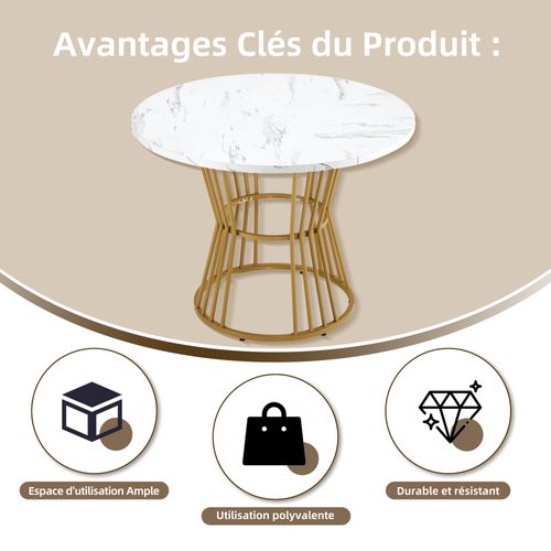 Table à Manger Ronde - Plateau Effet Marbre - Pieds Dorés - Design Élégant - Mdf - Métal - Blanc