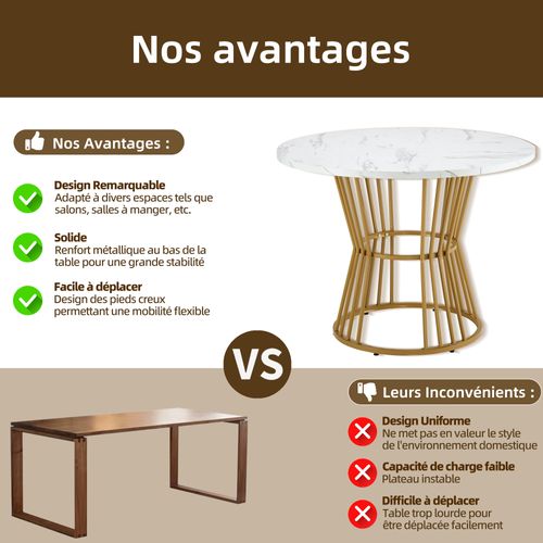 Table à Manger Ronde - Plateau Effet Marbre - Pieds Dorés - Design Élégant - Mdf - Métal - Blanc