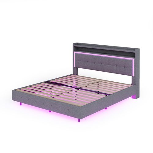 Lit Double 140x200 Cm - Lit Ado Rembourré - LED Et USB - Pieds Cachés - Lin - Gris