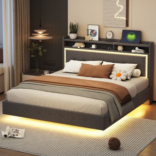 Lit Double 160x200 Cm - Lit Ado Rembourré - LED Et USB - Pieds Cachés - Lin - Gris