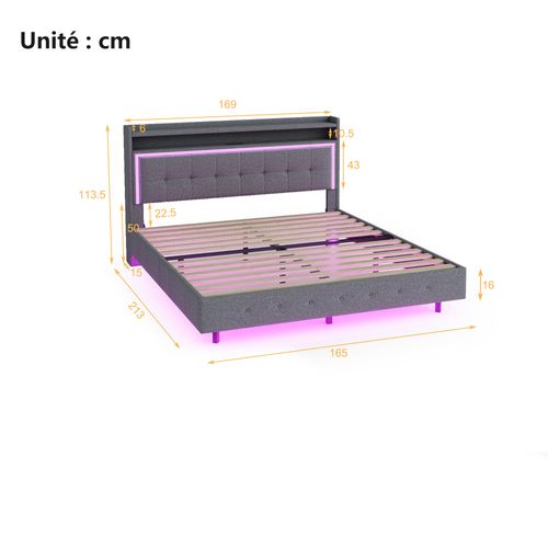 Lit Double 160x200 Cm - Lit Ado Rembourré - LED Et USB - Pieds Cachés - Lin - Gris