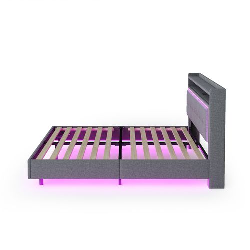 Lit Double 160x200 Cm - Lit Ado Rembourré - LED Et USB - Pieds Cachés - Lin - Gris