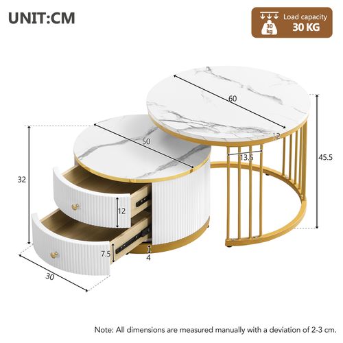 Tables Basses Gigognes Effet Marbre Avec 2 Tiroirs, Mdf Imitation Marbre, Or, 60×60×45,5/50×50×32 Cm