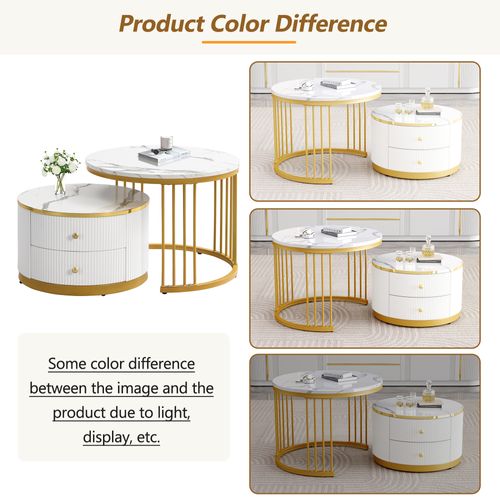 Tables Basses Gigognes Effet Marbre Avec 2 Tiroirs, Mdf Imitation Marbre, Or, 60×60×45,5/50×50×32 Cm