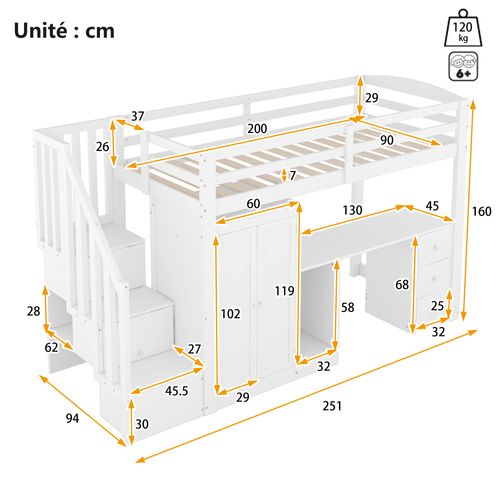 Lit Mezzanine 90x200 Cm - Lit Simple Avec Tiroirs Et Penderie - Pin Et Mdf - Blanc