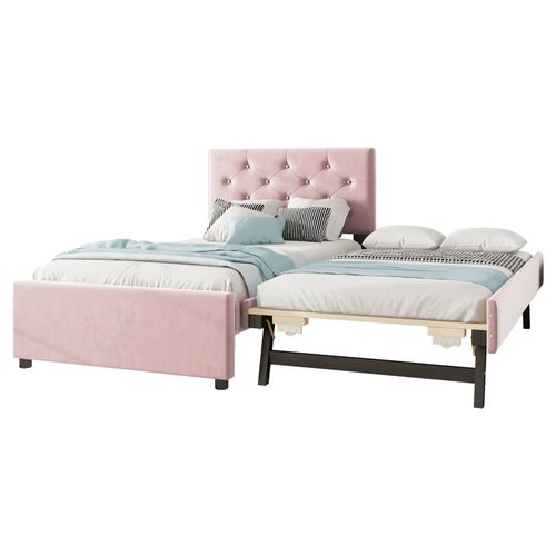 Lit Gigogne 90x200 Cm - Lit Simple Avec Roulettes Et Lit Extensible - Velours - Rose