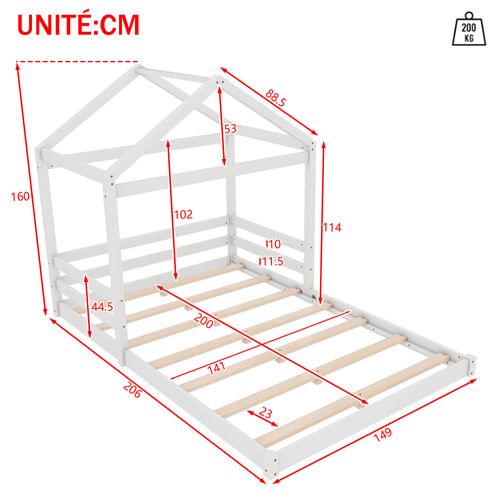 Lit Enfant 140x200 Cm - Lit Cabane Maison Déco - Pin + Mdf - Blanc