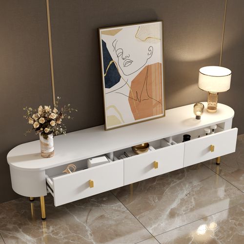 Meuble TV - 2 Tiroirs - Pieds Dorés - Coins Arrondis - Mdf - Blanc