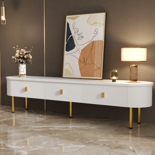 Meuble TV - 2 Tiroirs - Pieds Dorés - Coins Arrondis - Mdf - Blanc