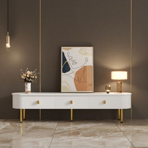 Meuble TV - 2 Tiroirs - Pieds Dorés - Coins Arrondis - Mdf - Blanc