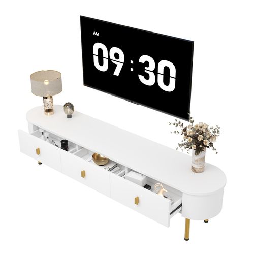 Meuble TV - 2 Tiroirs - Pieds Dorés - Coins Arrondis - Mdf - Blanc