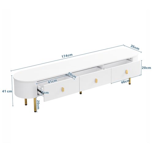 Meuble TV - 2 Tiroirs - Pieds Dorés - Coins Arrondis - Mdf - Blanc