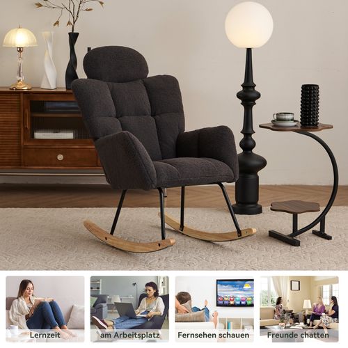 Fauteuil Relax Rembourré - Fauteuil à Bascule - Accoudoirs - Repose-pieds - Tissu Teddy - Gris