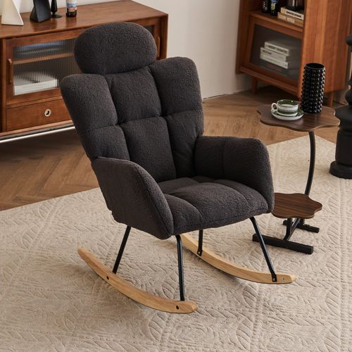 Fauteuil Relax Rembourré - Fauteuil à Bascule - Accoudoirs - Repose-pieds - Tissu Teddy - Gris