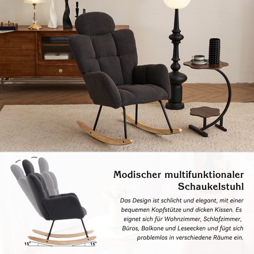 Fauteuil Relax Rembourré - Fauteuil à Bascule - Accoudoirs - Repose-pieds - Tissu Teddy - Gris