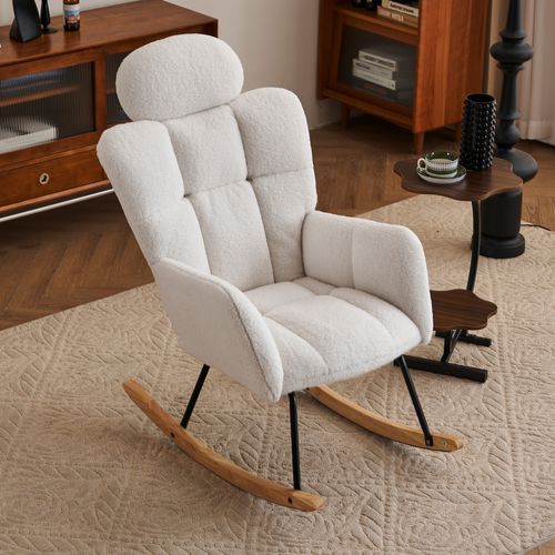 Fauteuil à Bascule Rembourré - Accoudoirs - Repose-pieds - Confort Optimal - Tissu Teddy - Blanc