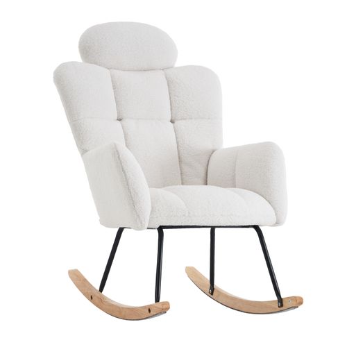 Fauteuil à Bascule Rembourré - Accoudoirs - Repose-pieds - Confort Optimal - Tissu Teddy - Blanc