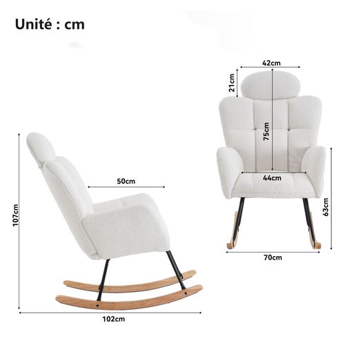 Fauteuil à Bascule Rembourré - Accoudoirs - Repose-pieds - Confort Optimal - Tissu Teddy - Blanc