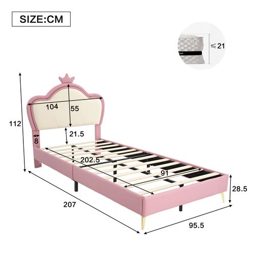 Lit Enfant 90x200 Cm - Lit Simple Rembourré Tête Couronne - Design Moderne - Rose