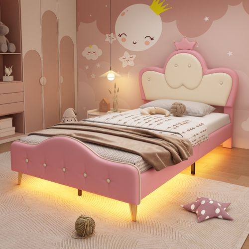 Lit Enfant 90x200 Cm - Lit Rembourré Tête Capitonnée + LED - Revêtement Pu - Rose Et Blanc